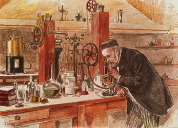Louis Pasteur experimenting for the cure of hydrophobia in his laboratory